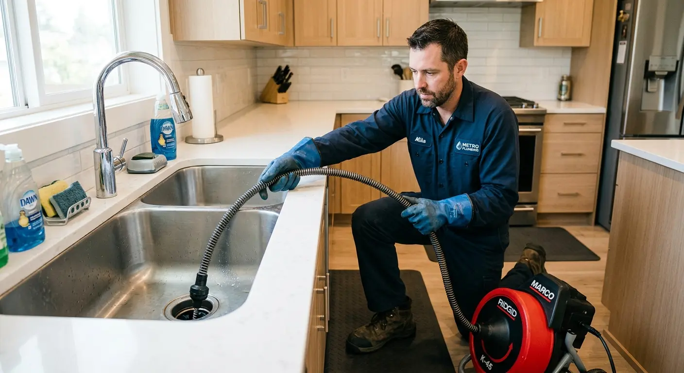 Drain cleaning technician using a motorized snake on a kitchen sink in Sedro-Woolley