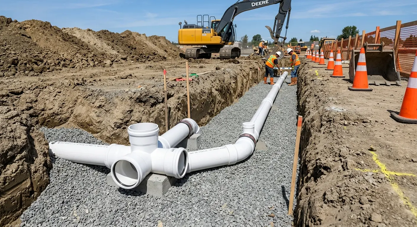 New PVC sewer pipe installation in open trench for Sewer Backup in Sedro-Woolley