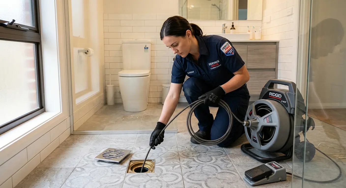 Technician clearing a bathroom floor drain for Drain Cleaning in Sedro-Woolley